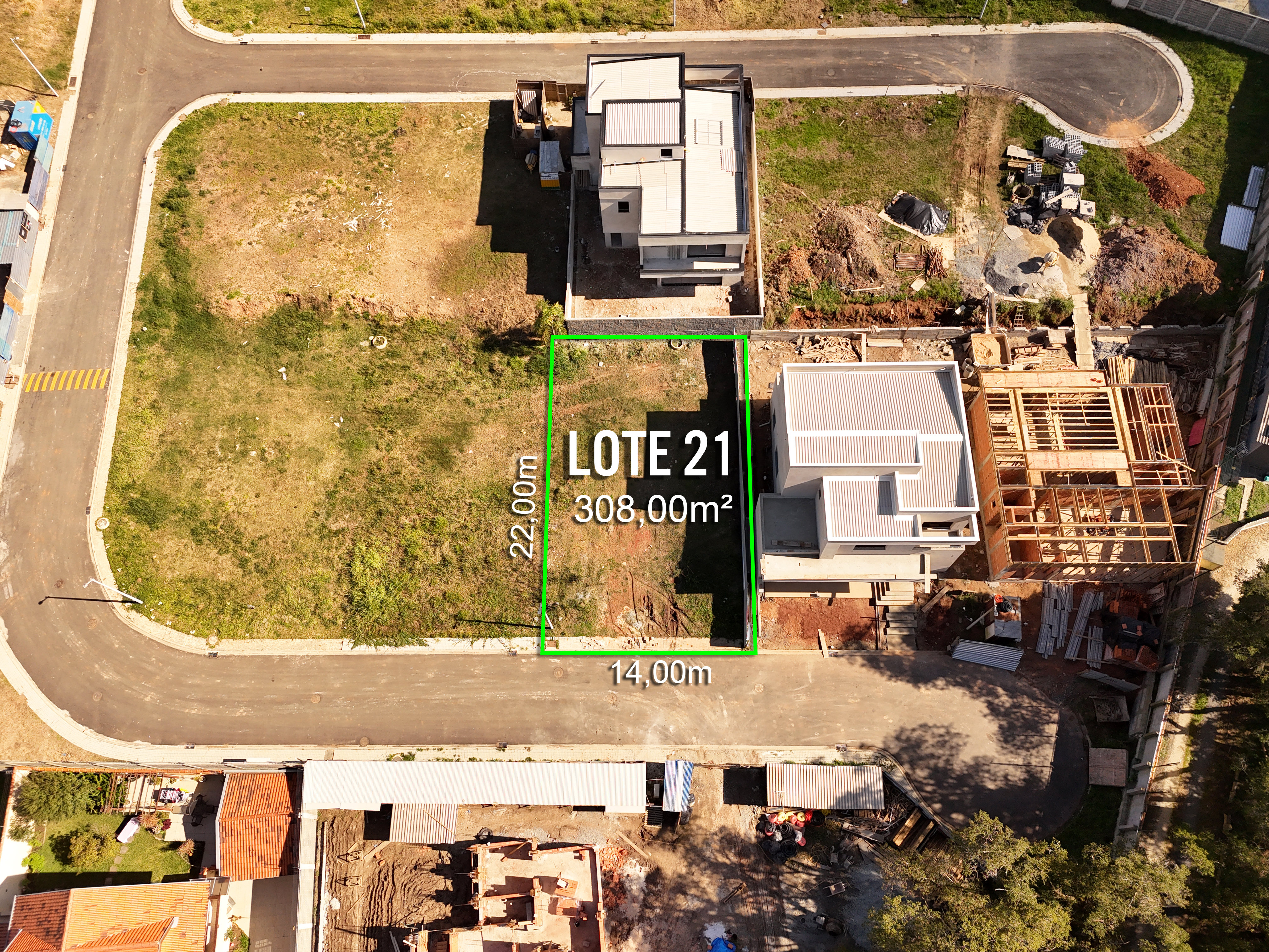 Vista aérea do Lote 21 demarcado no Casa Volpi Residencial Premium, 308,00m²